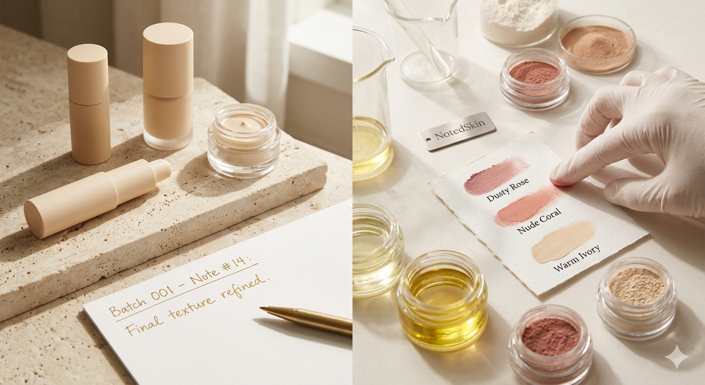 Lab samples showing the textures of the 2-in-1 lip treatment tint in warm ivory, nude coral, and dusty rose